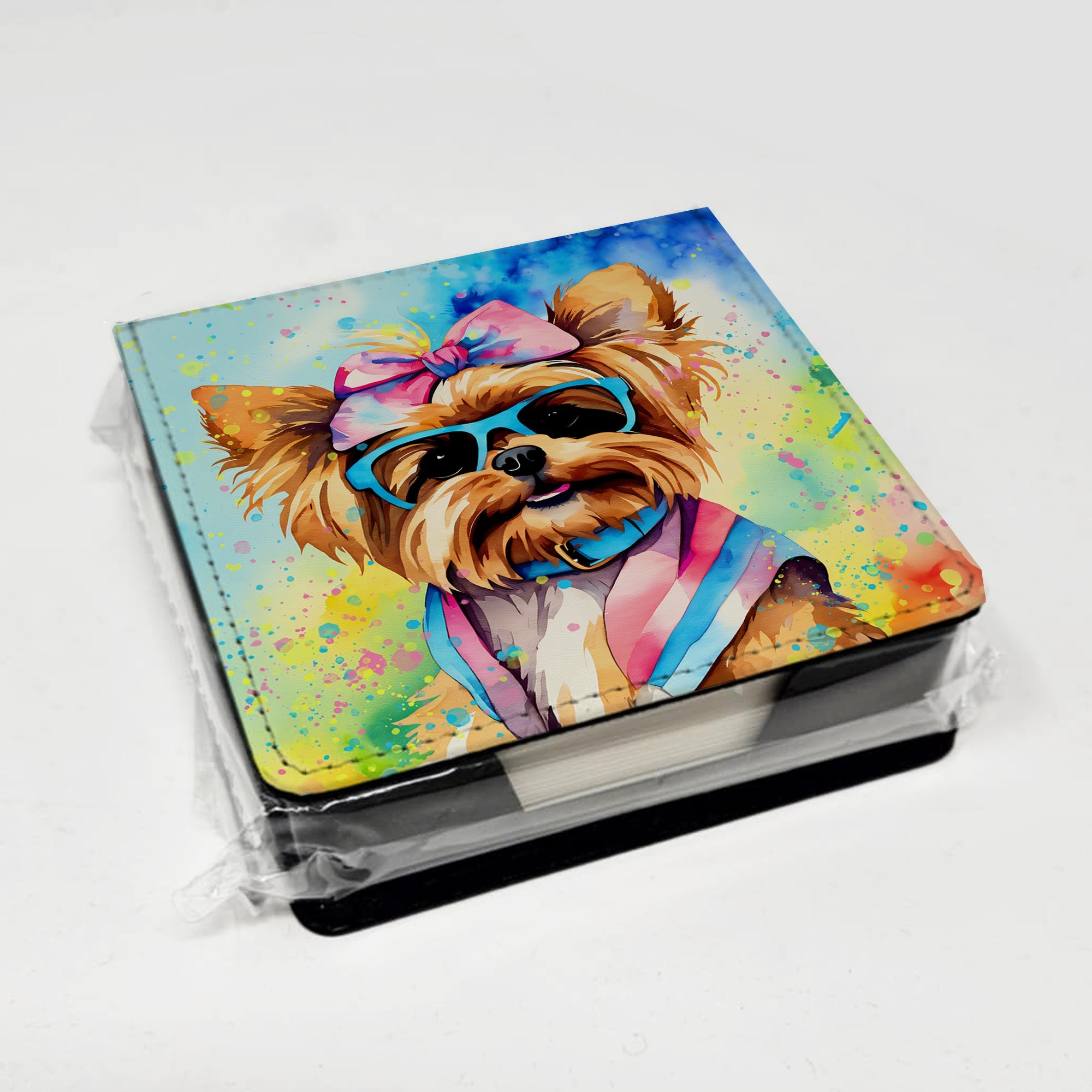 Yorkshire Terrier Hippie Dawg PU Leather Note Paper Holder with Artist-Designed Cover, Desk Accessory, Office Gift