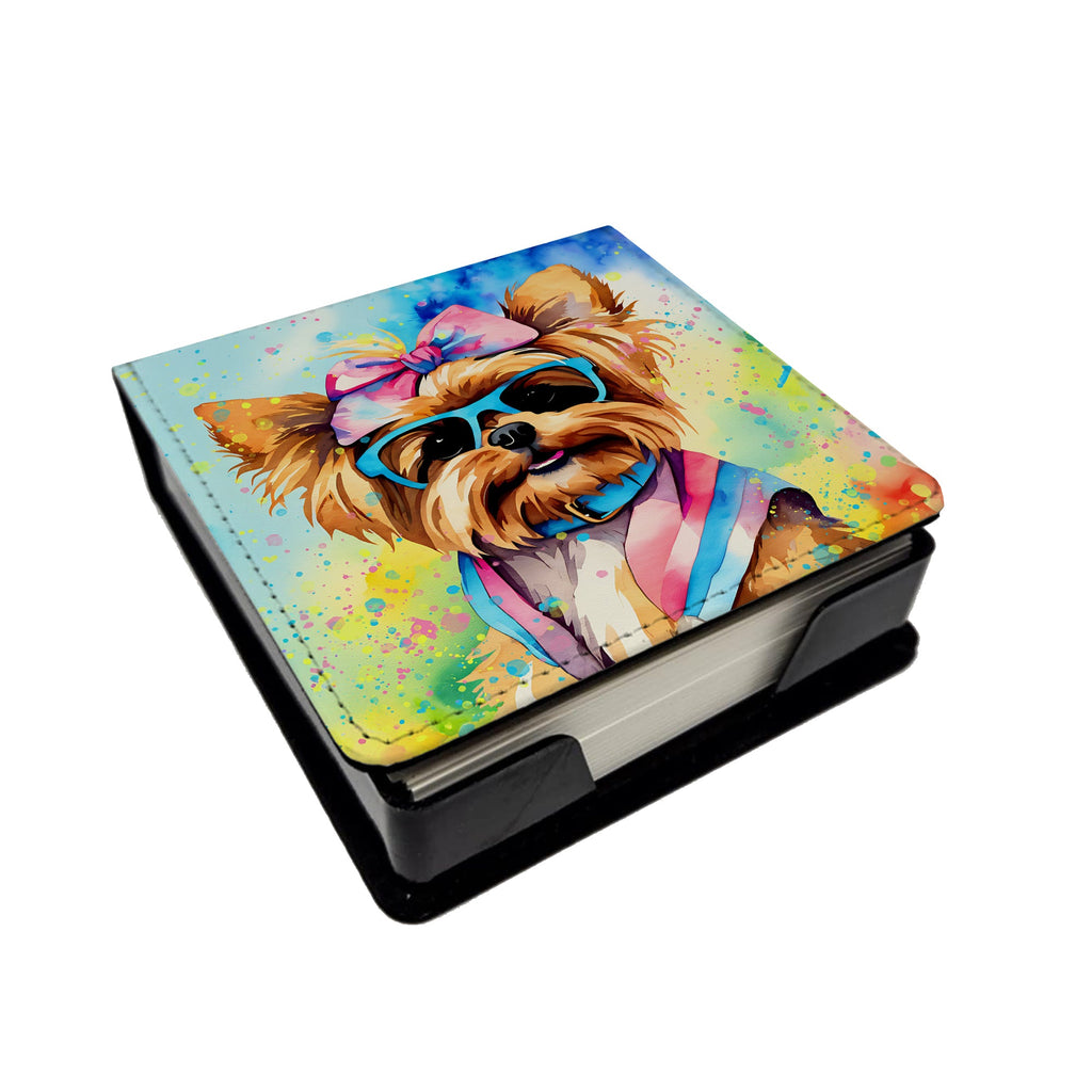 Yorkshire Terrier Hippie Dawg PU Leather Note Paper Holder with Artist-Designed Cover, Desk Accessory, Office Gift