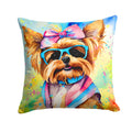 Yorkshire Terrier Hippie Dawg Decorative Throw Pillow 14x14 Indoor Outdoor Accent Cushion, Fabric Cover with Insert for Sofa, Bed, Porch & Living Room