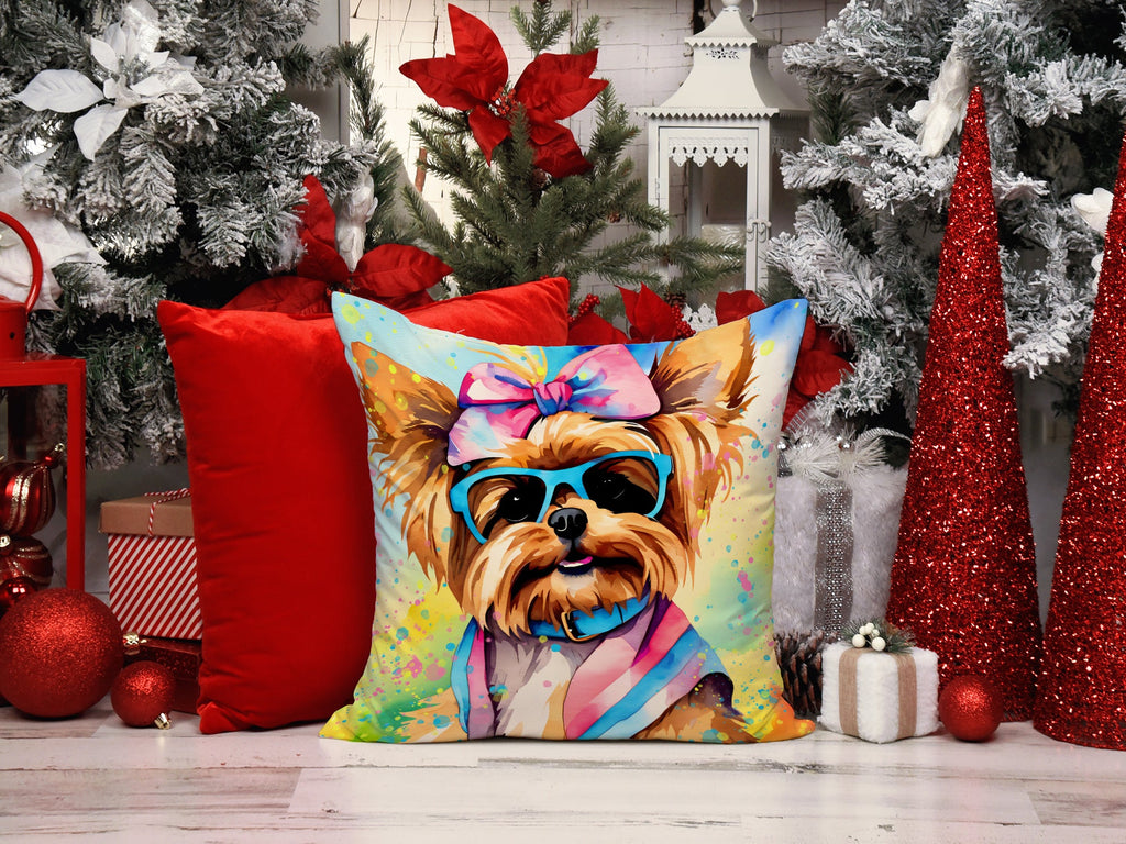 Yorkshire Terrier Hippie Dawg Decorative Throw Pillow 14x14 Indoor Outdoor Accent Cushion, Fabric Cover with Insert for Sofa, Bed, Porch & Living Room