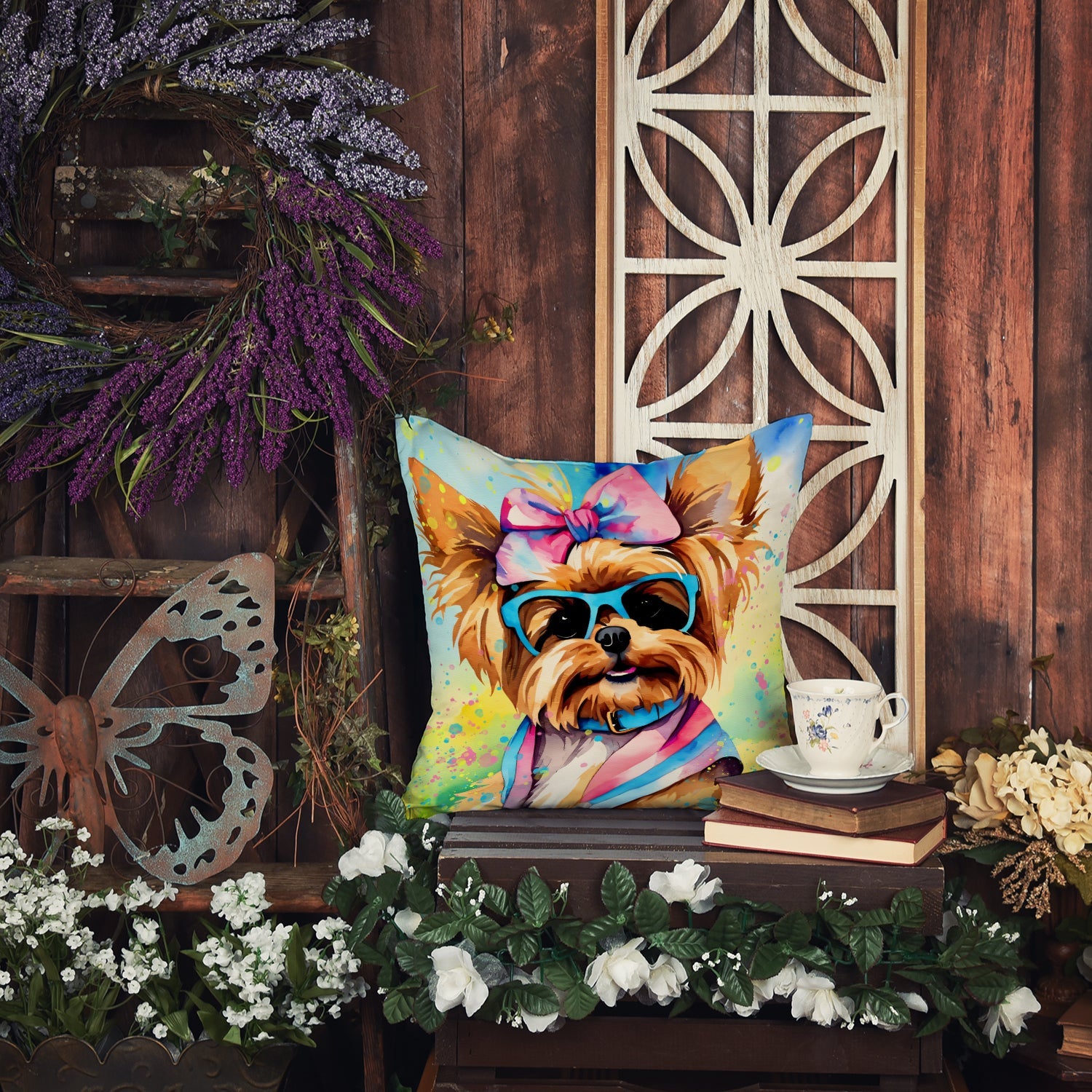 Yorkshire Terrier Hippie Dawg Decorative Throw Pillow 14x14 Indoor Outdoor Accent Cushion, Fabric Cover with Insert for Sofa, Bed, Porch & Living Room