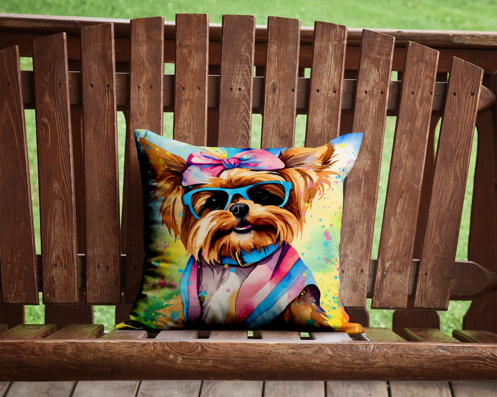 Yorkshire Terrier Hippie Dawg Decorative Throw Pillow 14x14 Indoor Outdoor Accent Cushion, Fabric Cover with Insert for Sofa, Bed, Porch & Living Room