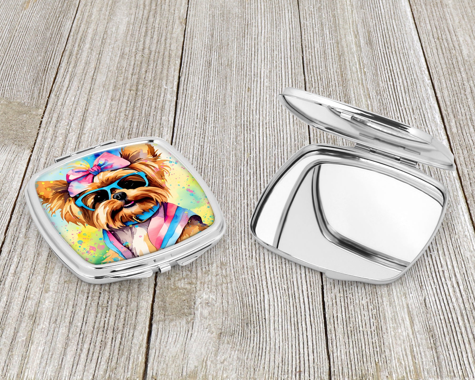 Yorkshire Terrier Hippie Dawg Compact Mirror Decorative Travel Makeup Mirror for Women Girls Gifts Pocket Makeup Mirror Folding Handheld