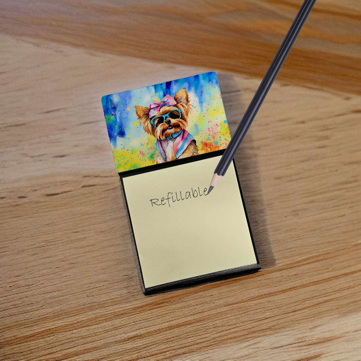Yorkshire Terrier Hippie Dawg Watercolor Sticky Note Holder Refillable Dispenser Desk Accessory 3x3 Pad Gift