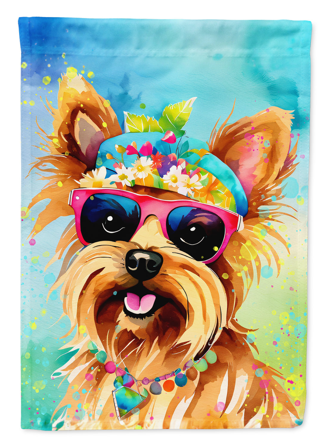 Yorkshire Terrier Hippie Dawg House Flag 28x40 Porch Sleeve Pole Decorative Outside Yard Banner Artwork Wall Hanging, Polyester