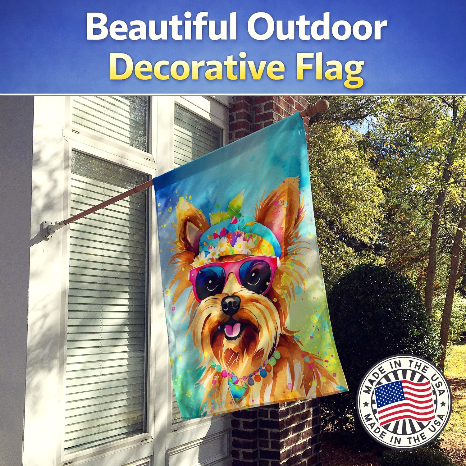 Yorkshire Terrier Hippie Dawg House Flag 28x40 Porch Sleeve Pole Decorative Outside Yard Banner Artwork Wall Hanging, Polyester