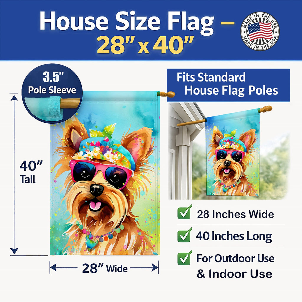 Yorkshire Terrier Hippie Dawg House Flag 28x40 Porch Sleeve Pole Decorative Outside Yard Banner Artwork Wall Hanging, Polyester
