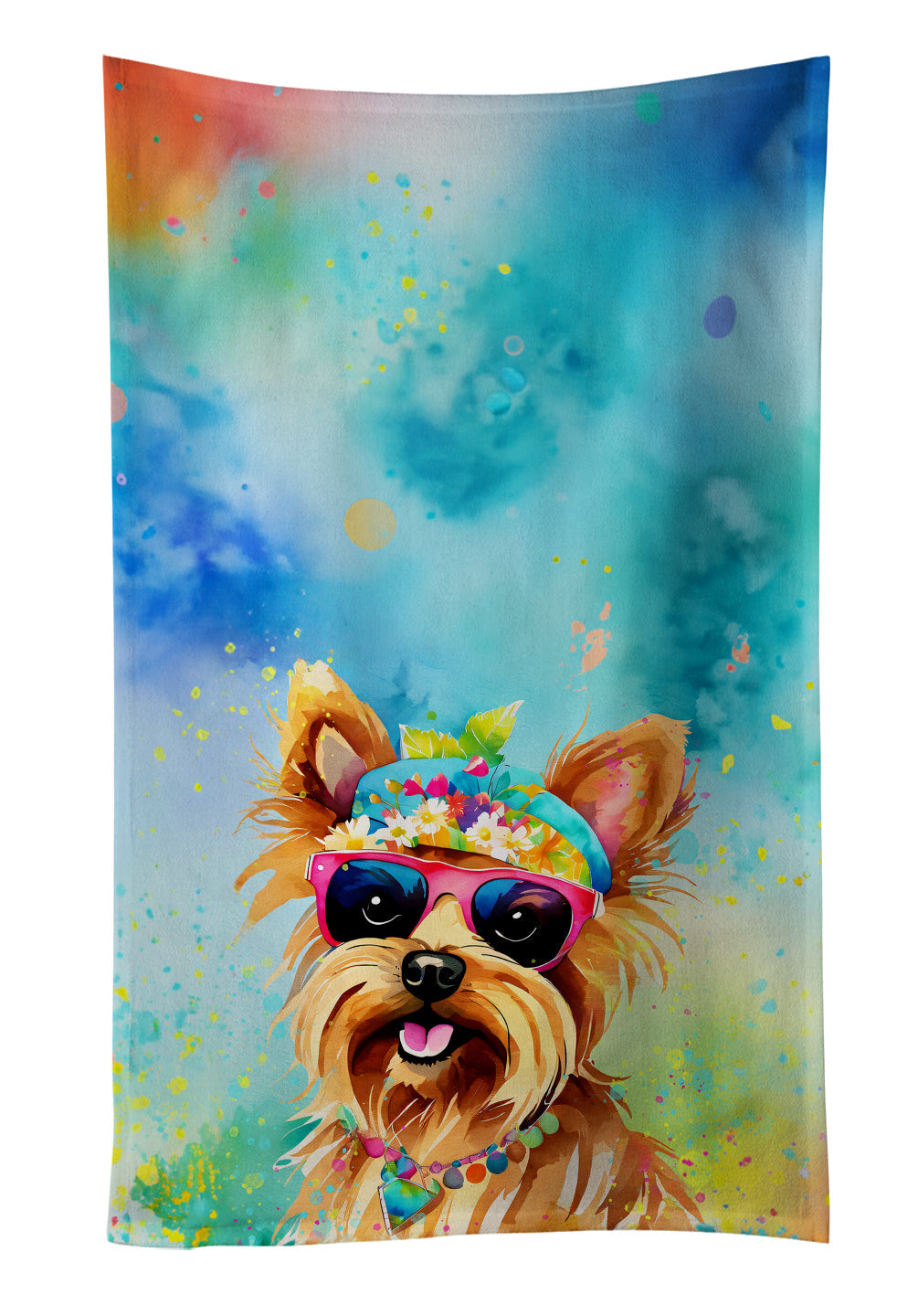 Yorkshire Terrier Hippie Dawg Kitchen Towel Velour Plush Front and Cotton Loop Back Machine Washable