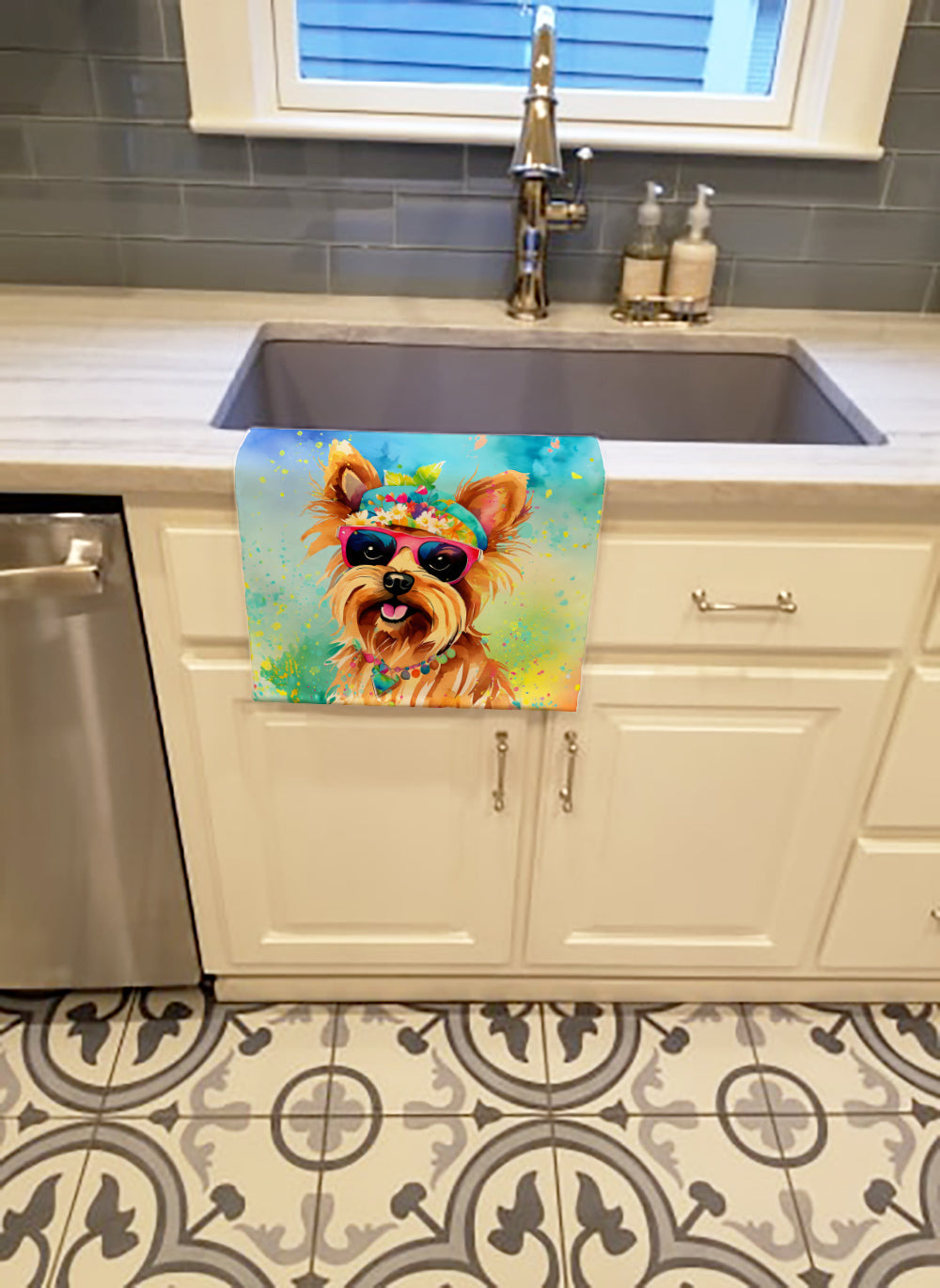 Yorkshire Terrier Hippie Dawg Kitchen Towel Velour Plush Front and Cotton Loop Back Machine Washable
