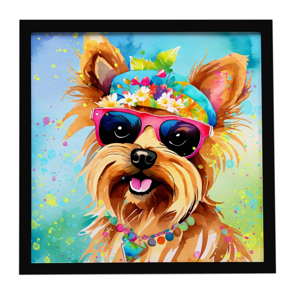 Yorkshire Terrier Hippie Dawg Framed Metal Print Bathroom, Kitchen, Office, Home Decor Wall Art Ready to Hang, Square, 8X8
