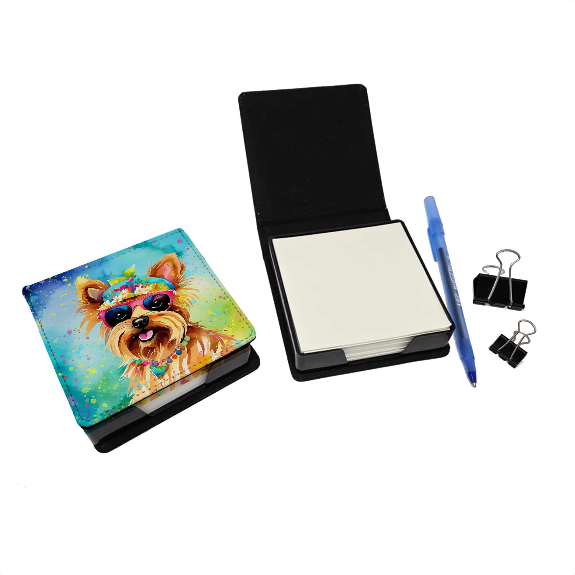 Yorkshire Terrier Hippie Dawg PU Leather Note Paper Holder with Artist-Designed Cover, Desk Accessory, Office Gift
