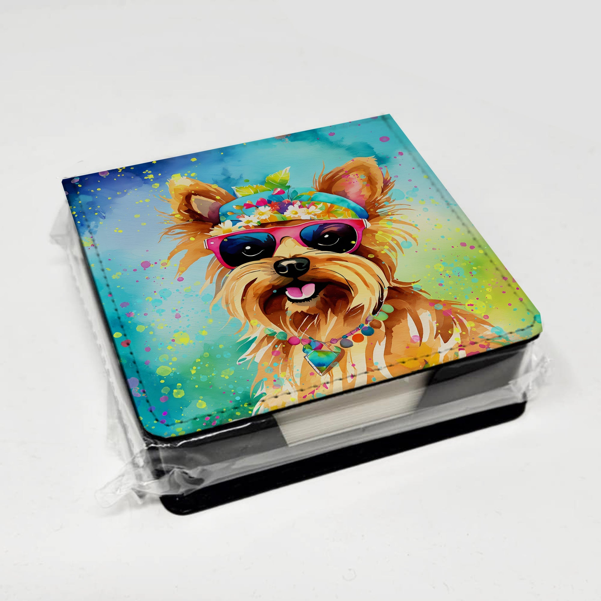Yorkshire Terrier Hippie Dawg PU Leather Note Paper Holder with Artist-Designed Cover, Desk Accessory, Office Gift