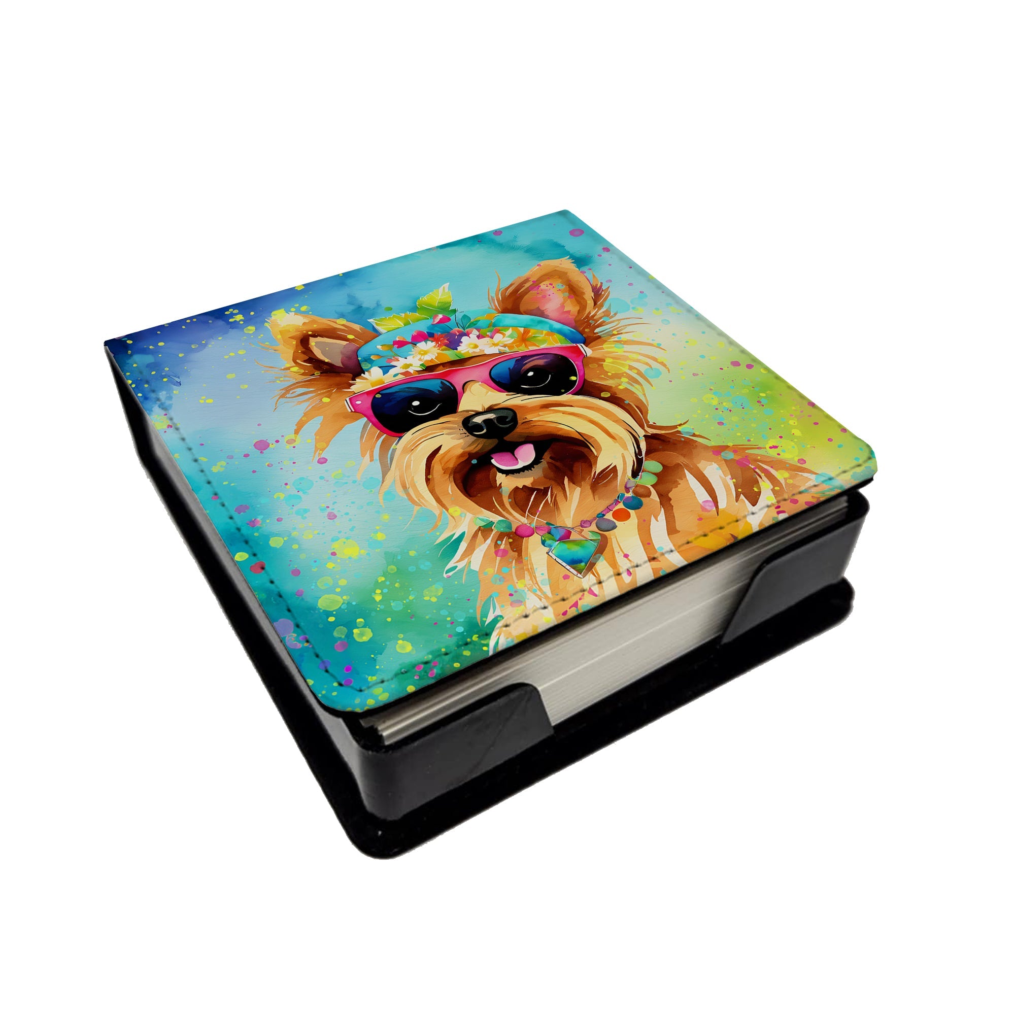 Yorkshire Terrier Hippie Dawg PU Leather Note Paper Holder with Artist-Designed Cover, Desk Accessory, Office Gift