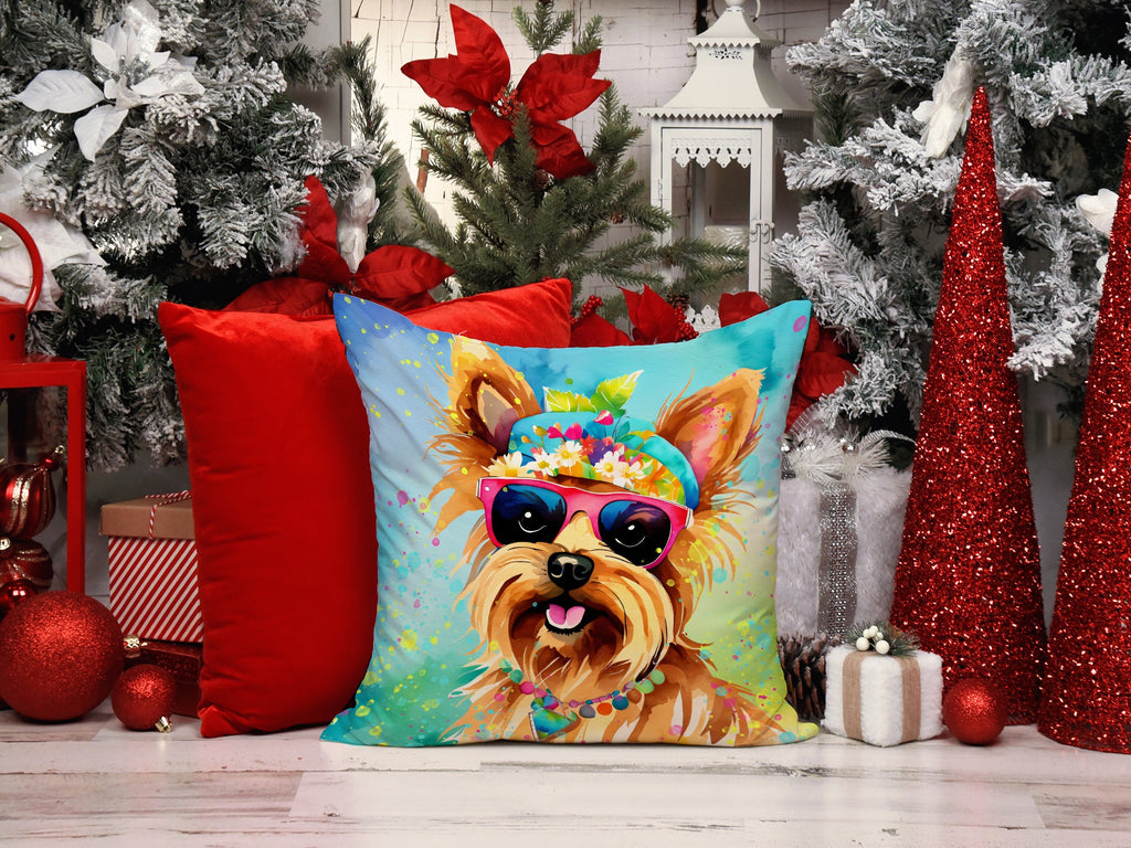 Yorkshire Terrier Hippie Dawg Decorative Throw Pillow 14x14 Indoor Outdoor Accent Cushion, Fabric Cover with Insert for Sofa, Bed, Porch & Living Room