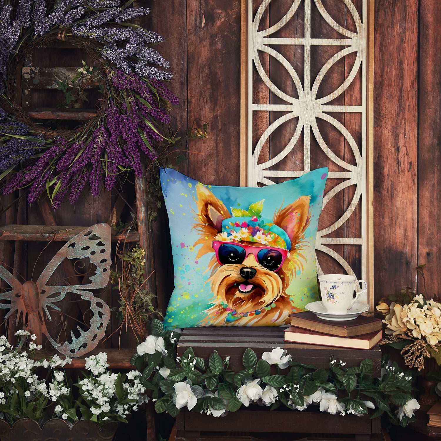 Yorkshire Terrier Hippie Dawg Decorative Throw Pillow 14x14 Indoor Outdoor Accent Cushion, Fabric Cover with Insert for Sofa, Bed, Porch & Living Room