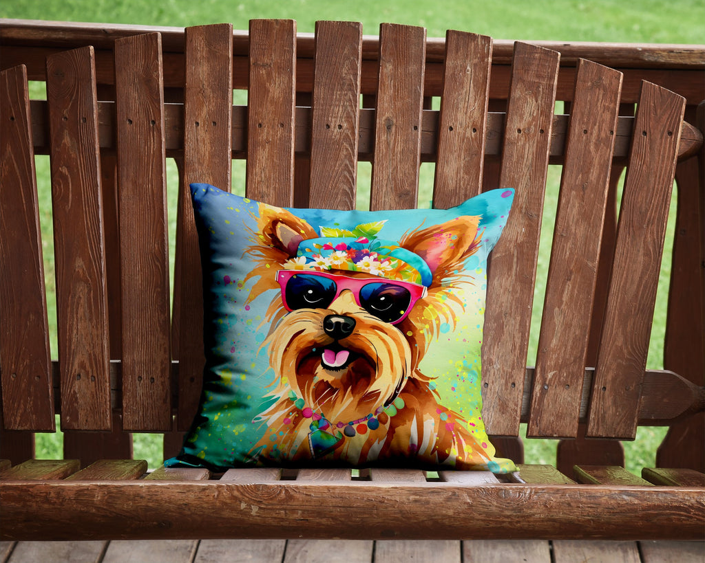 Yorkshire Terrier Hippie Dawg Decorative Throw Pillow 14x14 Indoor Outdoor Accent Cushion, Fabric Cover with Insert for Sofa, Bed, Porch & Living Room