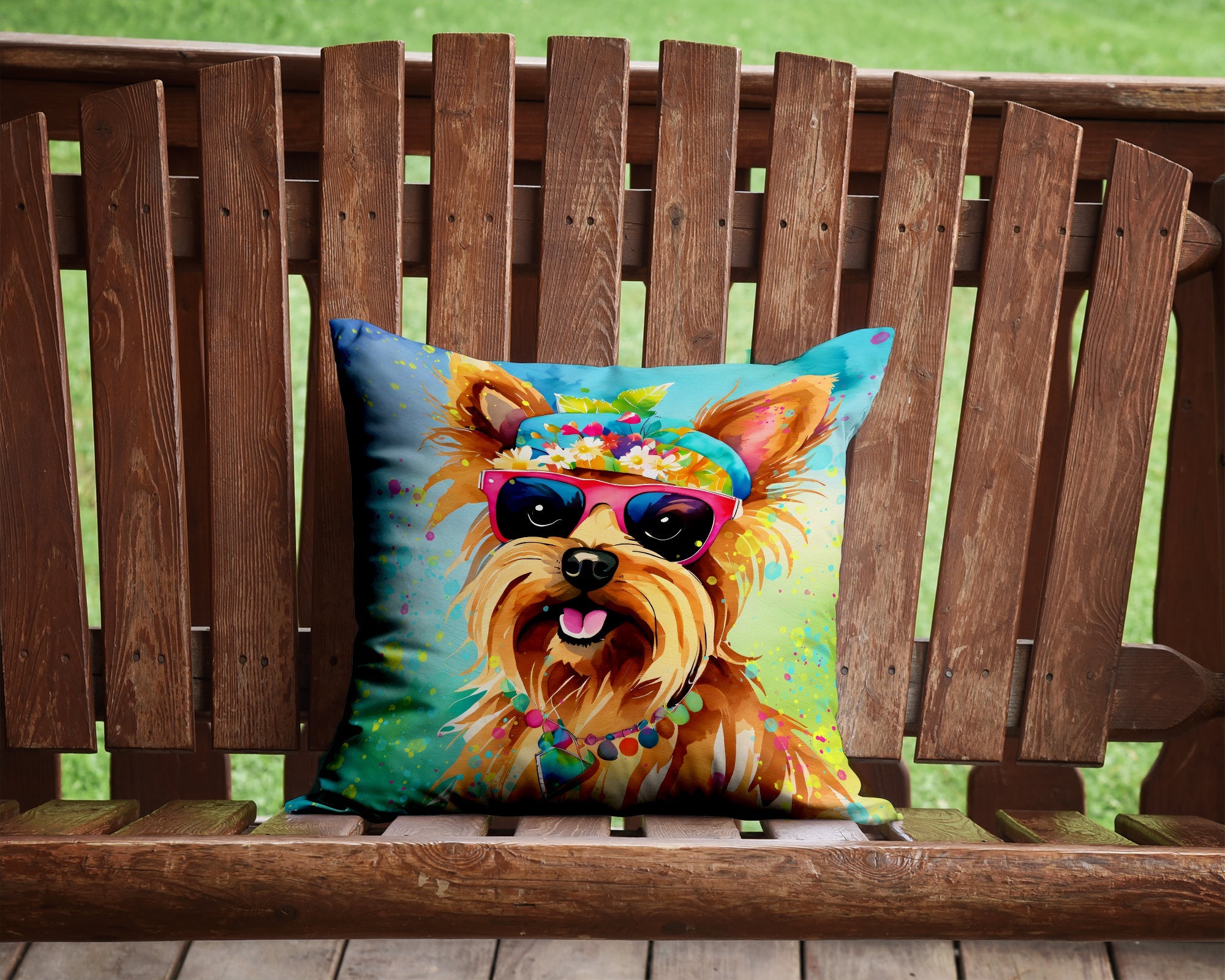 Yorkshire Terrier Hippie Dawg Decorative Throw Pillow 14x14 Indoor Outdoor Accent Cushion, Fabric Cover with Insert for Sofa, Bed, Porch & Living Room