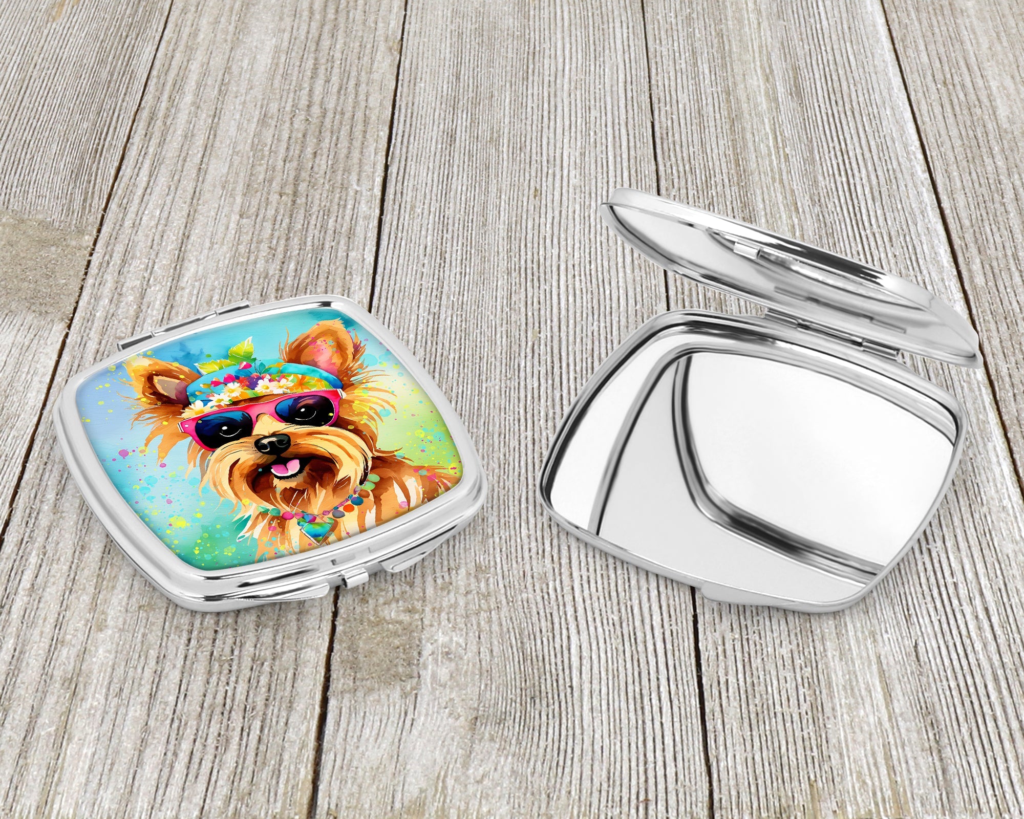 Yorkshire Terrier Hippie Dawg Compact Mirror Decorative Travel Makeup Mirror for Women Girls Gifts Pocket Makeup Mirror Folding Handheld