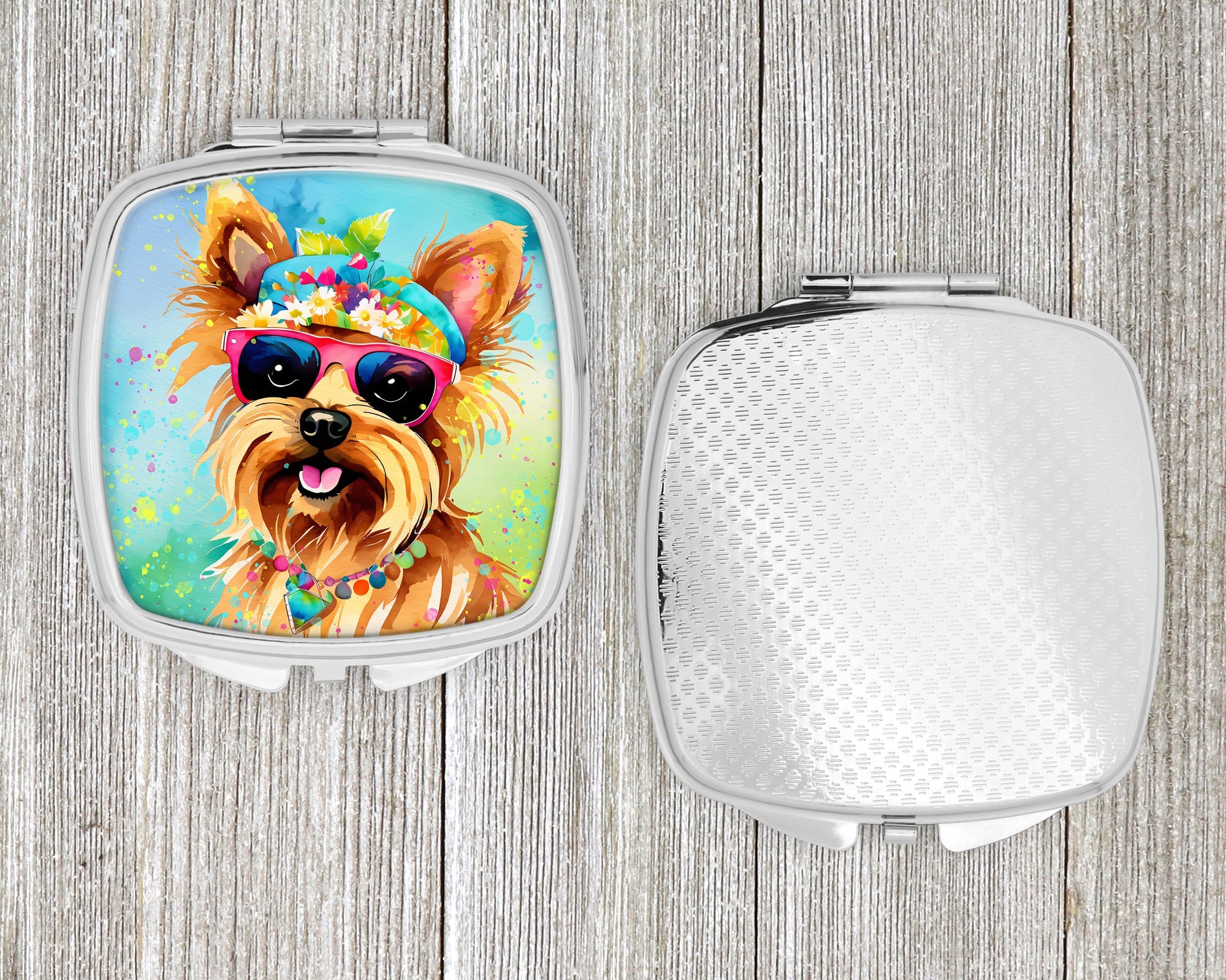 Yorkshire Terrier Hippie Dawg Compact Mirror Decorative Travel Makeup Mirror for Women Girls Gifts Pocket Makeup Mirror Folding Handheld