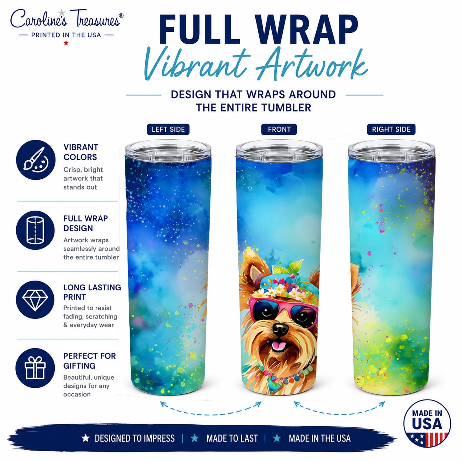 Yorkshire Terrier Hippie Dawg Stainless Steel Skinny Tumbler 20 oz Vacuum Double Walled Reusable Insulated Travel Cup