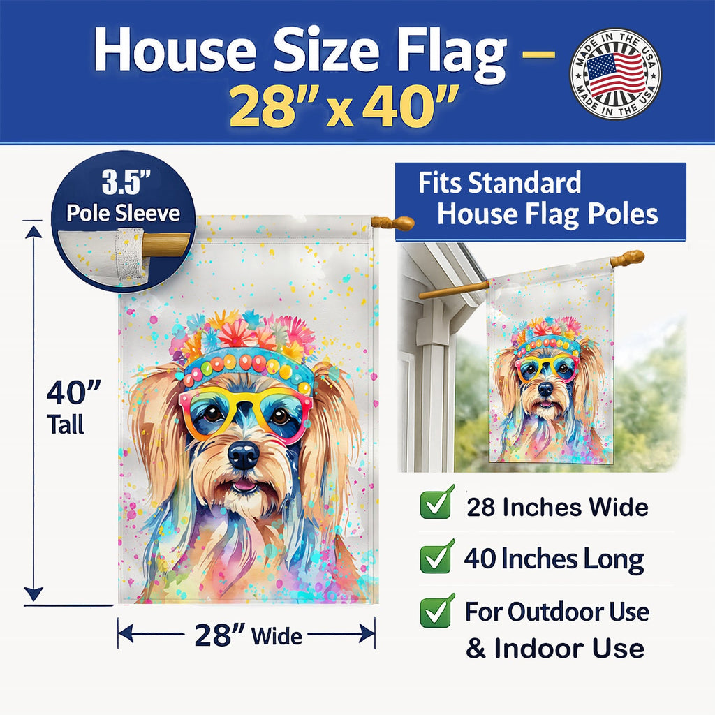Yorkshire Terrier Hippie Dawg House Flag 28x40 Porch Sleeve Pole Decorative Outside Yard Banner Artwork Wall Hanging, Polyester