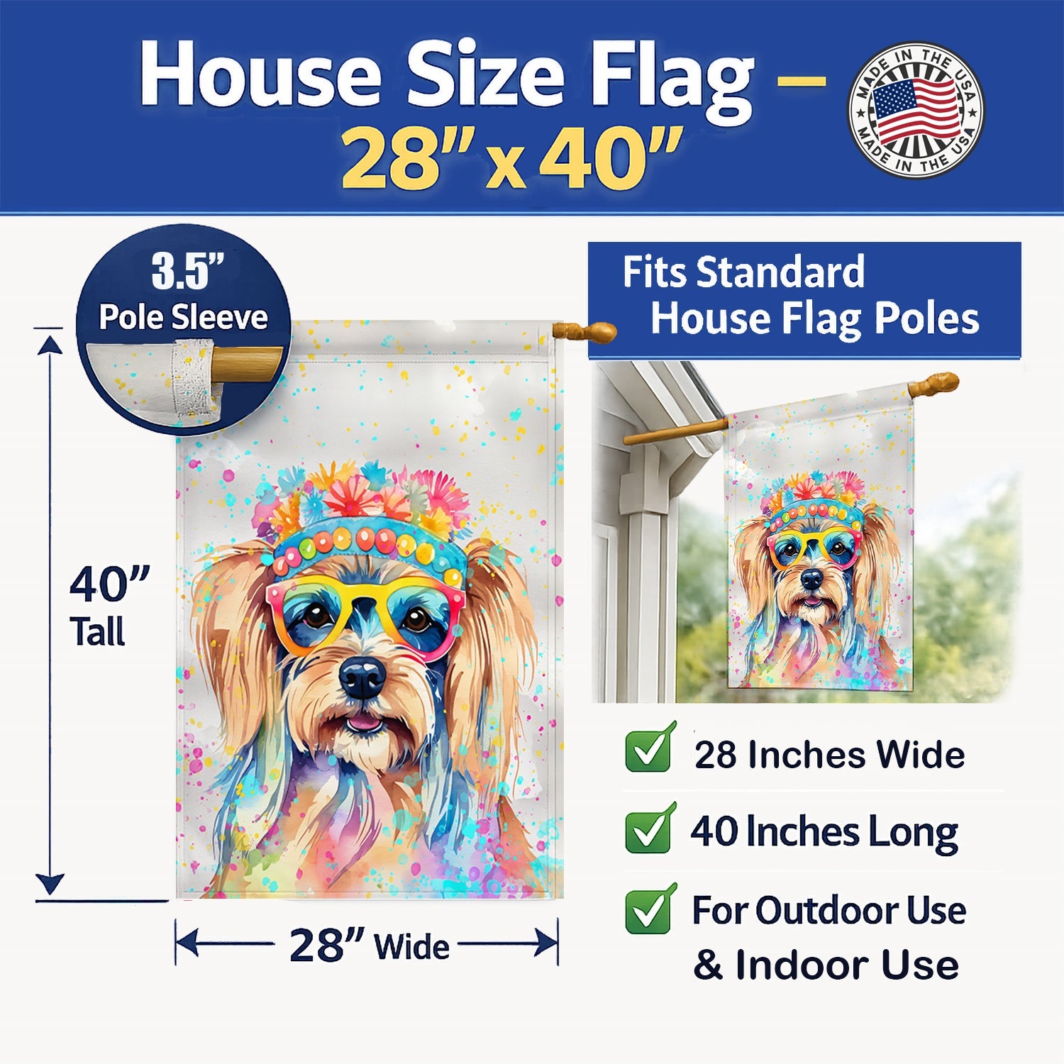 Yorkshire Terrier Hippie Dawg House Flag 28x40 Porch Sleeve Pole Decorative Outside Yard Banner Artwork Wall Hanging, Polyester