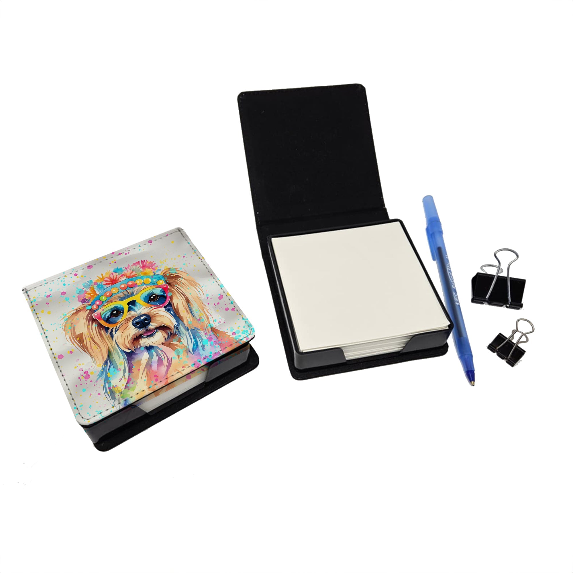 Yorkshire Terrier Hippie Dawg PU Leather Note Paper Holder with Artist-Designed Cover, Desk Accessory, Office Gift