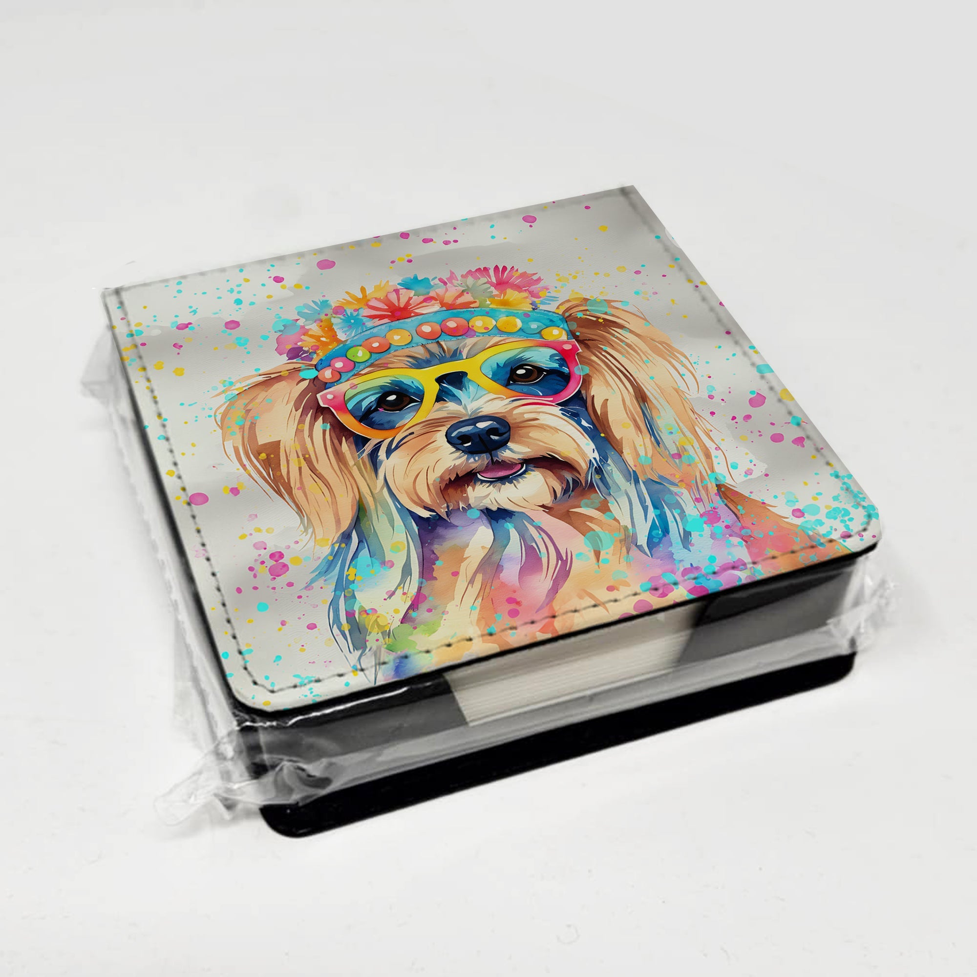Yorkshire Terrier Hippie Dawg PU Leather Note Paper Holder with Artist-Designed Cover, Desk Accessory, Office Gift