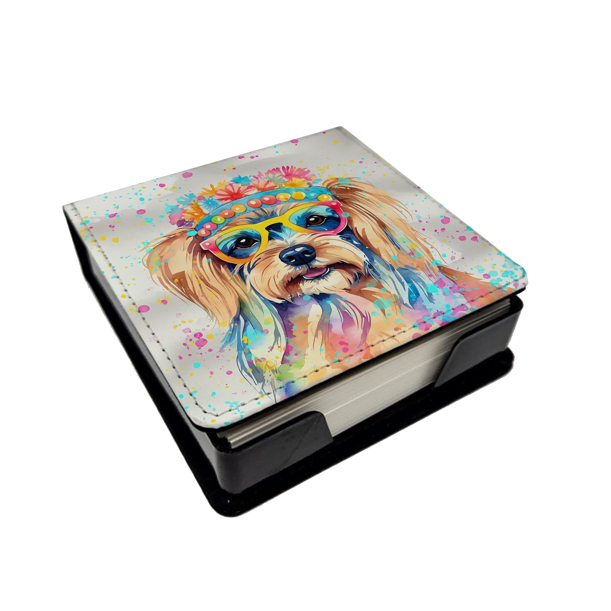 Yorkshire Terrier Hippie Dawg PU Leather Note Paper Holder with Artist-Designed Cover, Desk Accessory, Office Gift