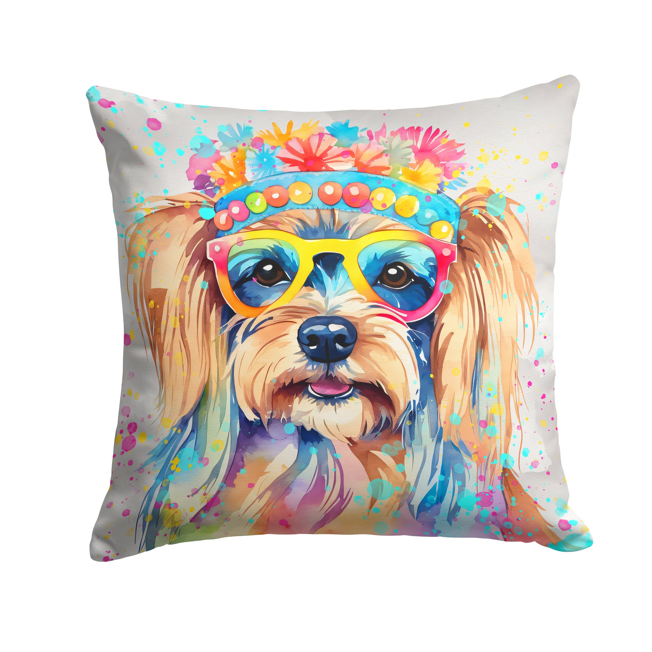 Yorkshire Terrier Hippie Dawg Decorative Throw Pillow 14x14 Indoor Outdoor Accent Cushion, Fabric Cover with Insert for Sofa, Bed, Porch & Living Room