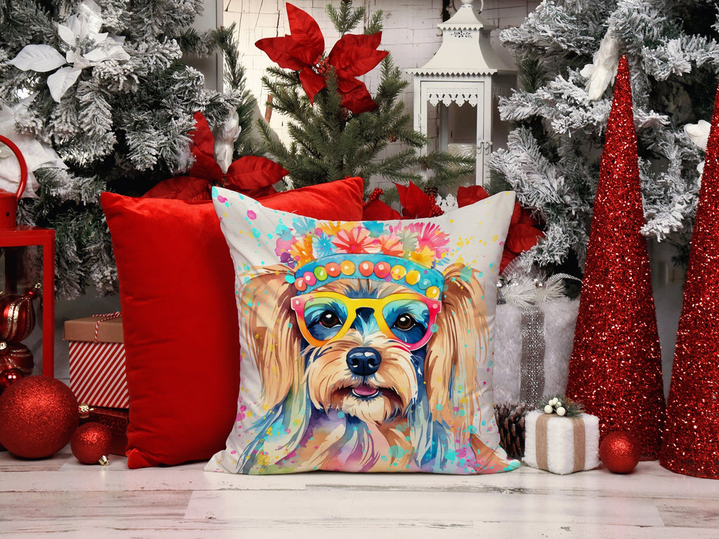 Yorkshire Terrier Hippie Dawg Decorative Throw Pillow 14x14 Indoor Outdoor Accent Cushion, Fabric Cover with Insert for Sofa, Bed, Porch & Living Room