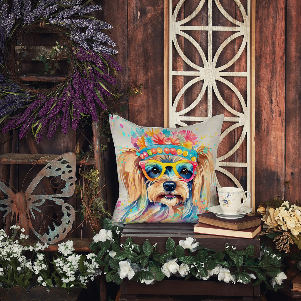 Yorkshire Terrier Hippie Dawg Decorative Throw Pillow 14x14 Indoor Outdoor Accent Cushion, Fabric Cover with Insert for Sofa, Bed, Porch & Living Room