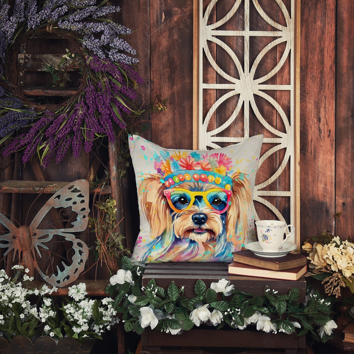 Yorkshire Terrier Hippie Dawg Decorative Throw Pillow 14x14 Indoor Outdoor Accent Cushion, Fabric Cover with Insert for Sofa, Bed, Porch & Living Room