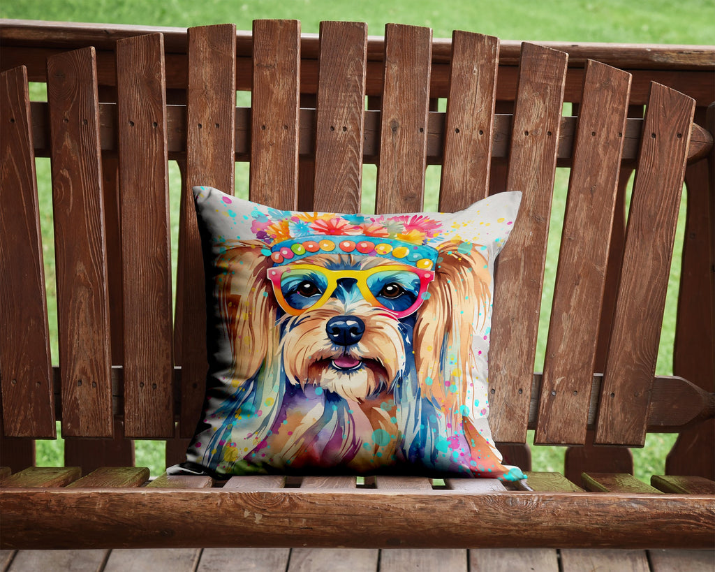 Yorkshire Terrier Hippie Dawg Decorative Throw Pillow 14x14 Indoor Outdoor Accent Cushion, Fabric Cover with Insert for Sofa, Bed, Porch & Living Room