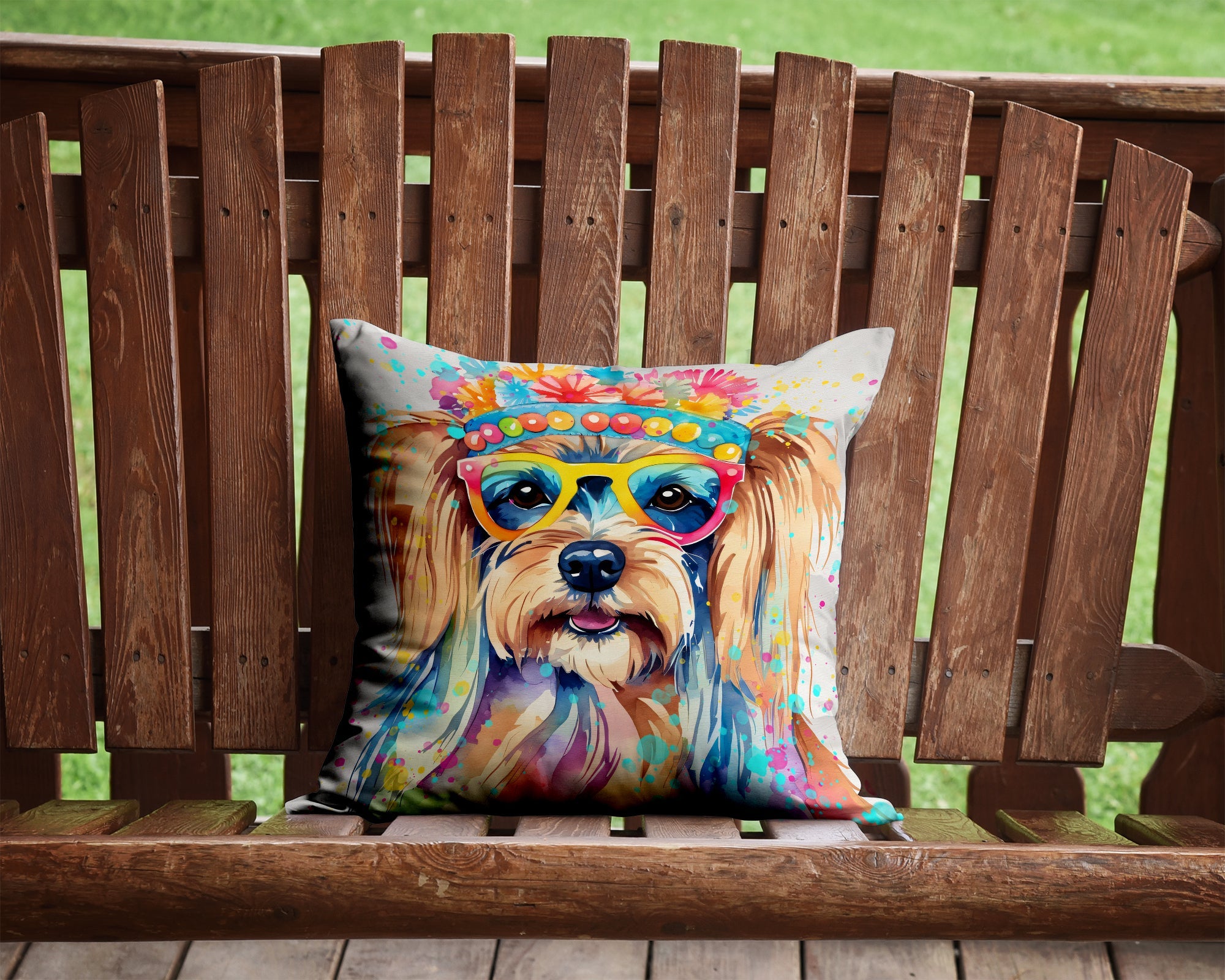 Yorkshire Terrier Hippie Dawg Decorative Throw Pillow 14x14 Indoor Outdoor Accent Cushion, Fabric Cover with Insert for Sofa, Bed, Porch & Living Room
