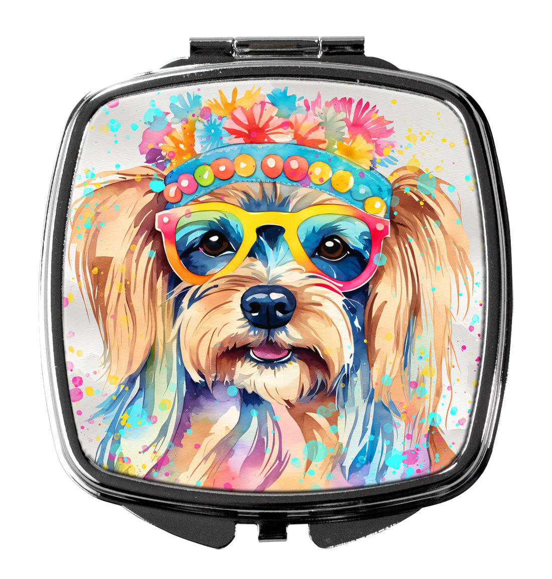 Yorkshire Terrier Hippie Dawg Compact Mirror Decorative Travel Makeup Mirror for Women Girls Gifts Pocket Makeup Mirror Folding Handheld