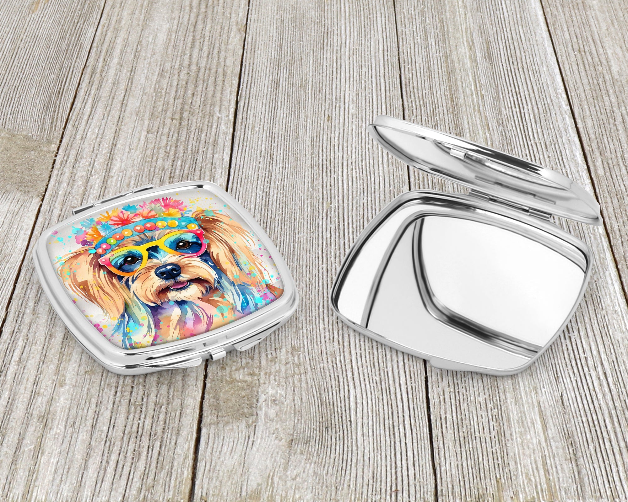 Yorkshire Terrier Hippie Dawg Compact Mirror Decorative Travel Makeup Mirror for Women Girls Gifts Pocket Makeup Mirror Folding Handheld