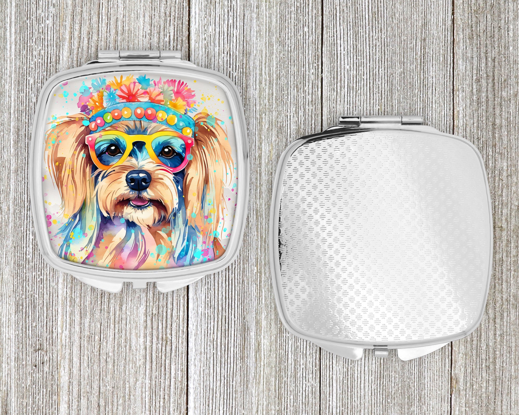 Yorkshire Terrier Hippie Dawg Compact Mirror Decorative Travel Makeup Mirror for Women Girls Gifts Pocket Makeup Mirror Folding Handheld