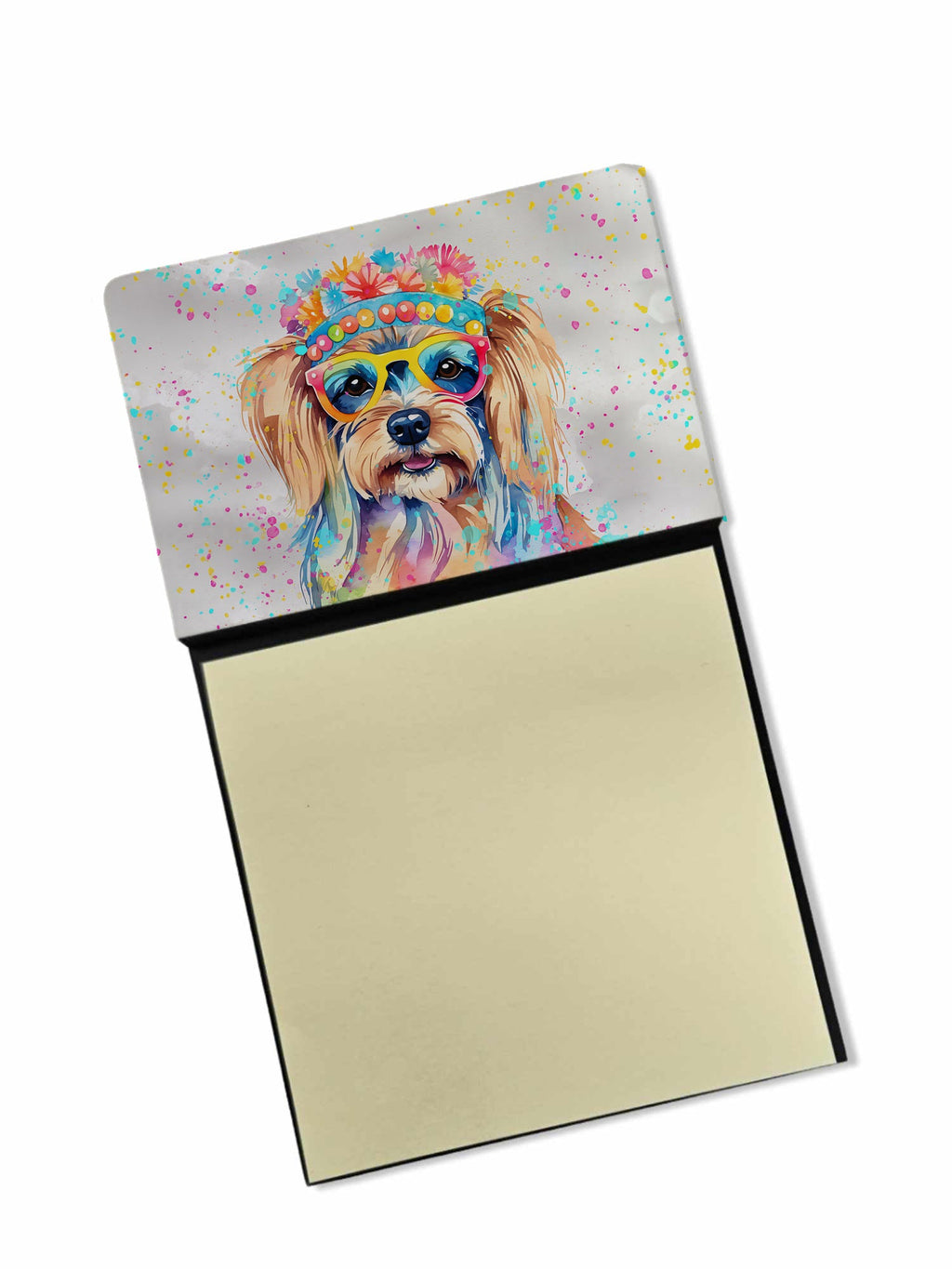 Yorkshire Terrier Hippie Dawg Watercolor Sticky Note Holder Refillable Dispenser Desk Accessory 3x3 Pad Gift