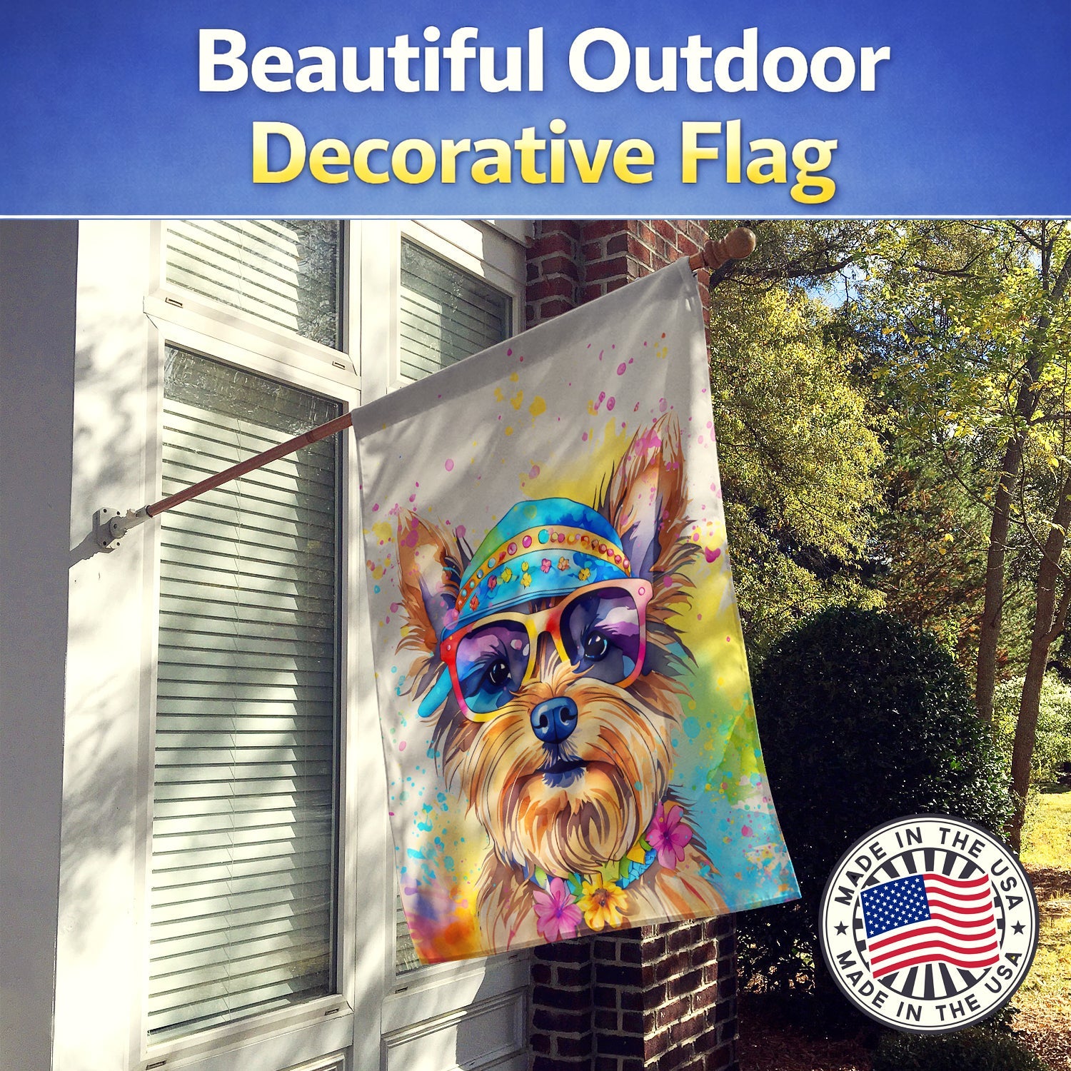 Yorkshire Terrier Hippie Dawg House Flag 28x40 Porch Sleeve Pole Decorative Outside Yard Banner Artwork Wall Hanging, Polyester