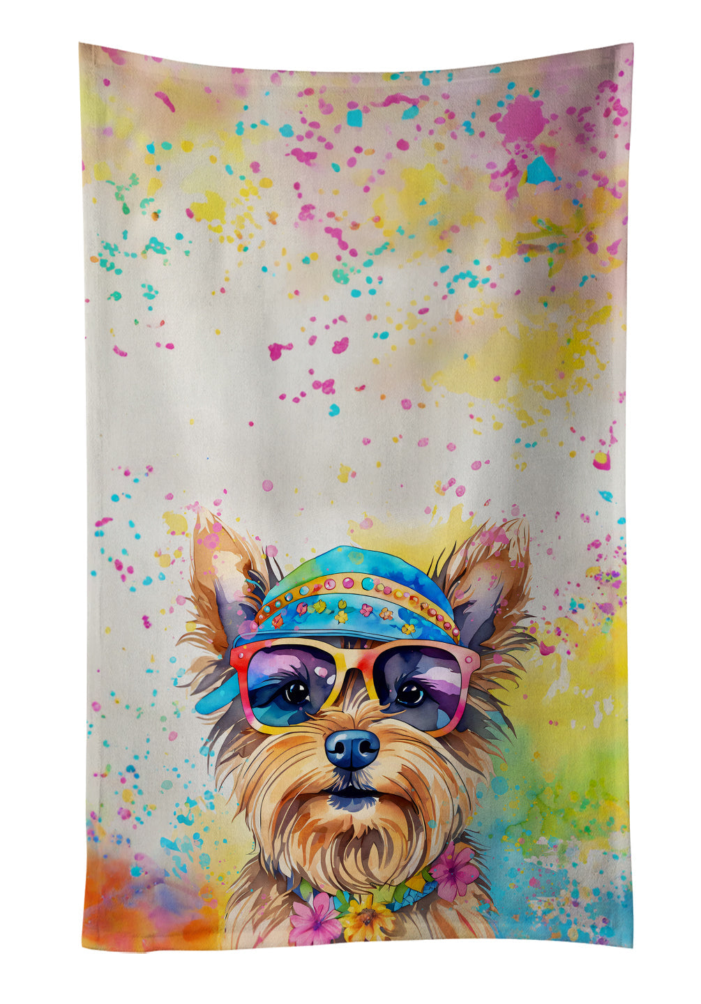Yorkshire Terrier Hippie Dawg Kitchen Towel Velour Plush Front and Cotton Loop Back Machine Washable