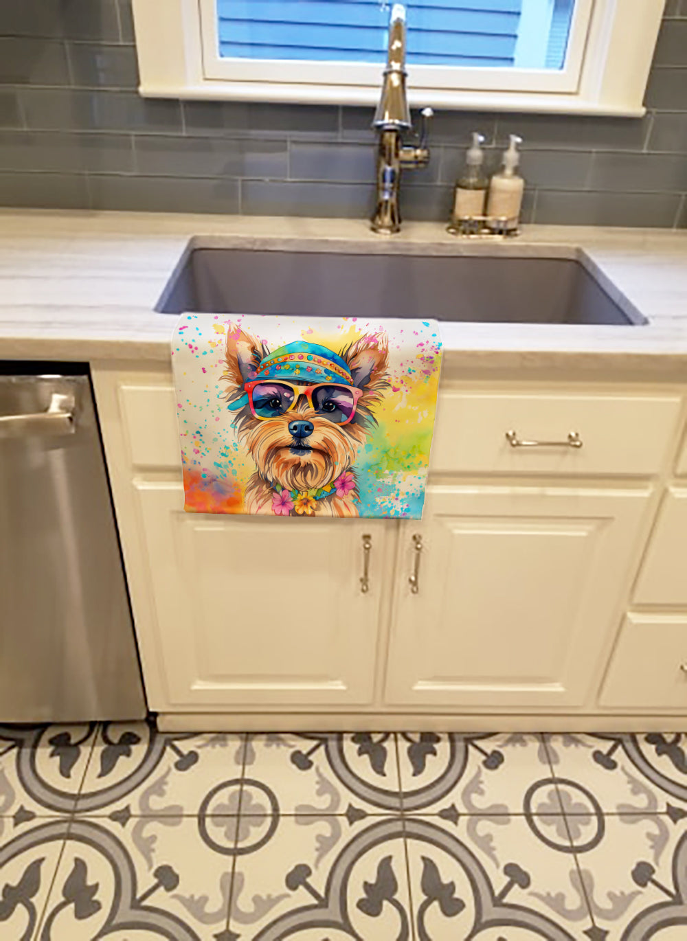 Yorkshire Terrier Hippie Dawg Kitchen Towel Velour Plush Front and Cotton Loop Back Machine Washable