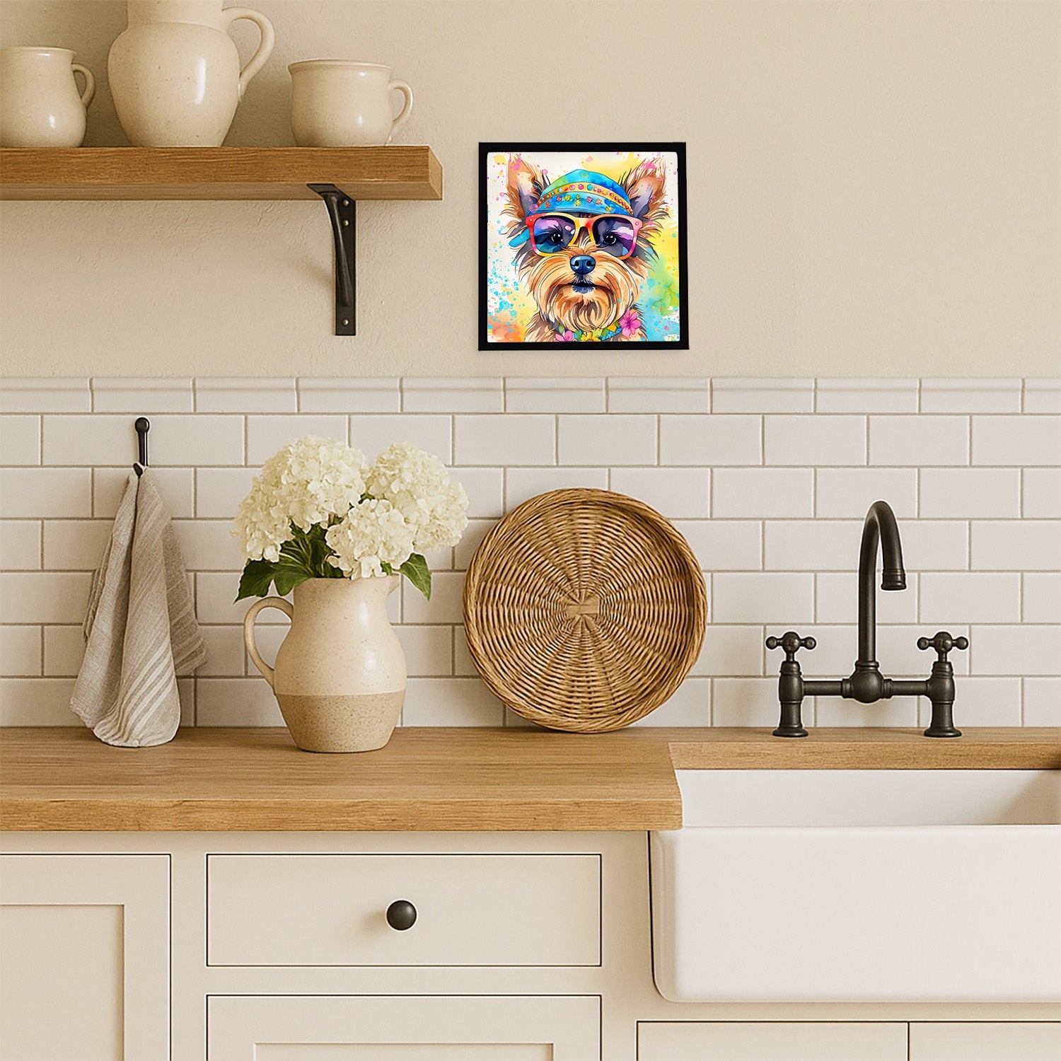 Yorkshire Terrier Hippie Dawg Framed Metal Print Bathroom, Kitchen, Office, Home Decor Wall Art Ready to Hang, Square, 8X8