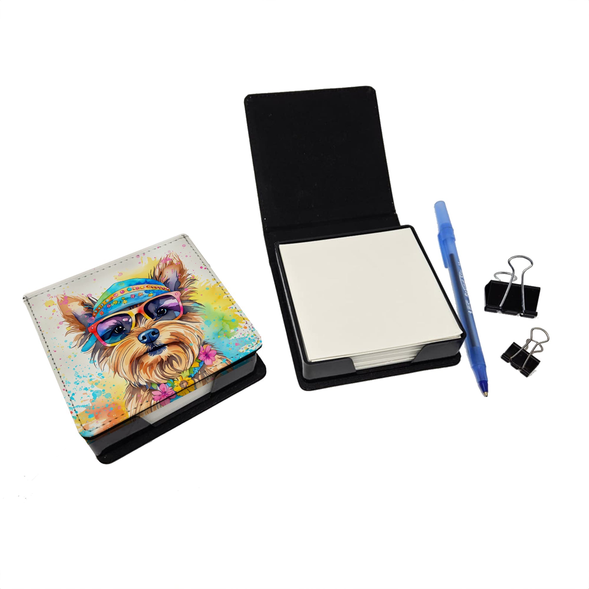 Yorkshire Terrier Hippie Dawg PU Leather Note Paper Holder with Artist-Designed Cover, Desk Accessory, Office Gift