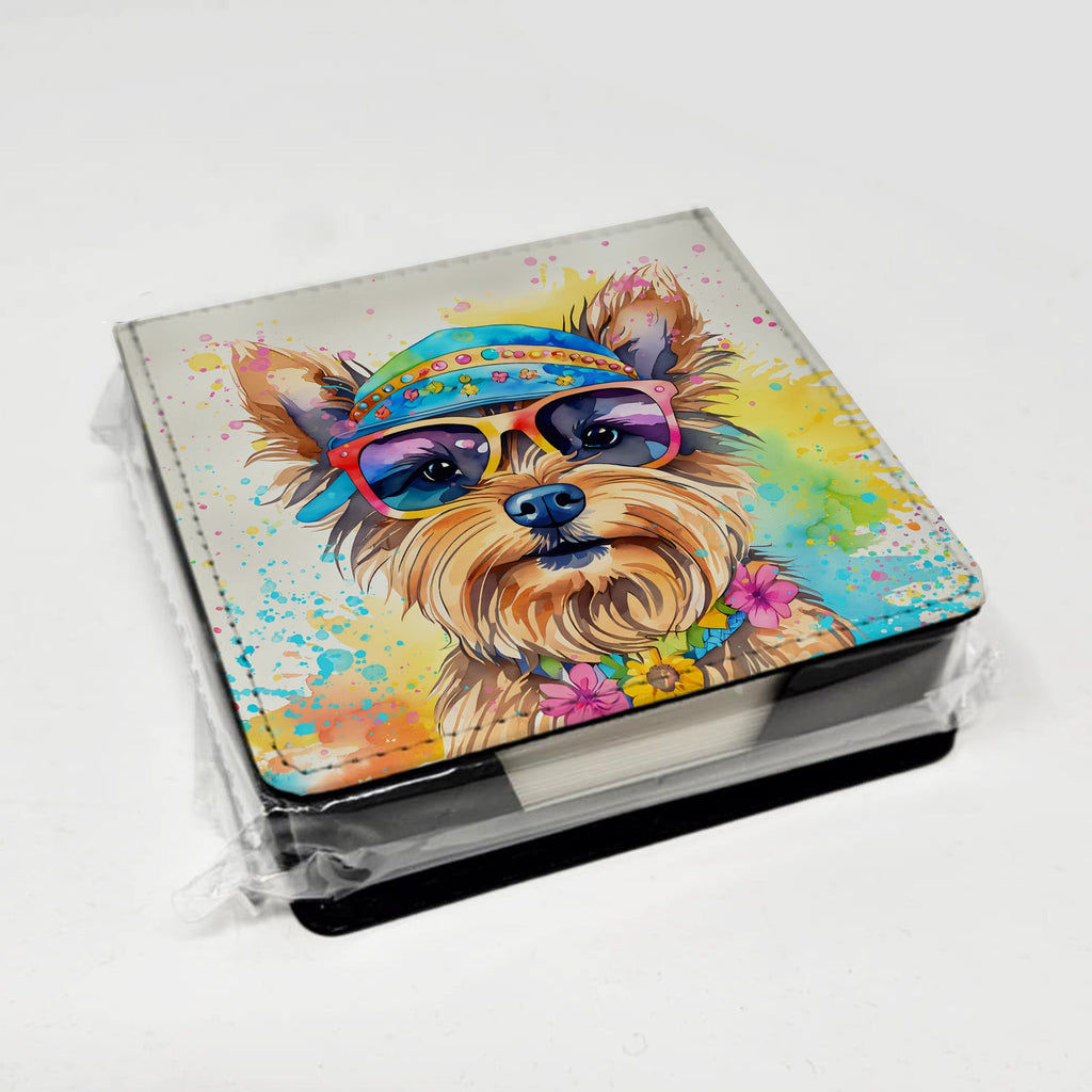 Yorkshire Terrier Hippie Dawg PU Leather Note Paper Holder with Artist-Designed Cover, Desk Accessory, Office Gift
