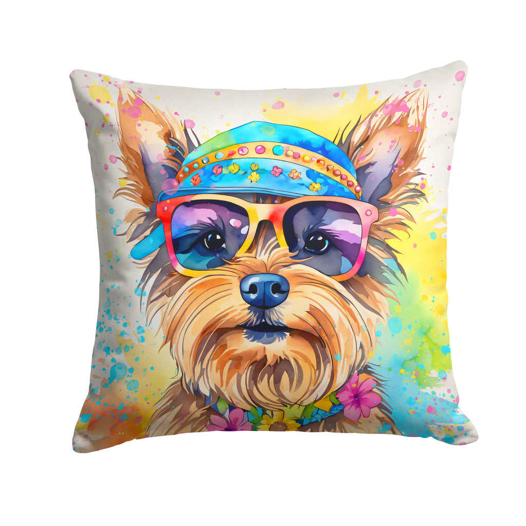Yorkshire Terrier Hippie Dawg Decorative Throw Pillow 14x14 Indoor Outdoor Accent Cushion, Fabric Cover with Insert for Sofa, Bed, Porch & Living Room