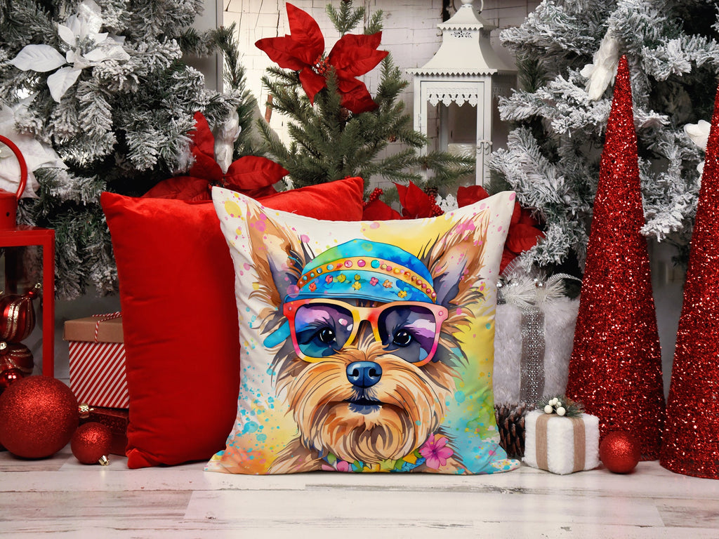 Yorkshire Terrier Hippie Dawg Decorative Throw Pillow 14x14 Indoor Outdoor Accent Cushion, Fabric Cover with Insert for Sofa, Bed, Porch & Living Room