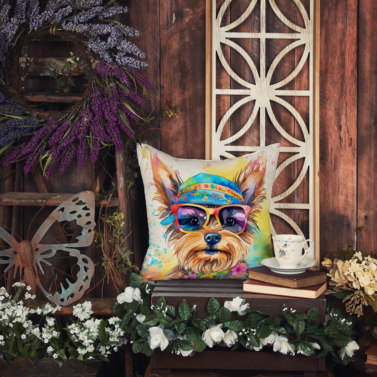 Yorkshire Terrier Hippie Dawg Decorative Throw Pillow 14x14 Indoor Outdoor Accent Cushion, Fabric Cover with Insert for Sofa, Bed, Porch & Living Room