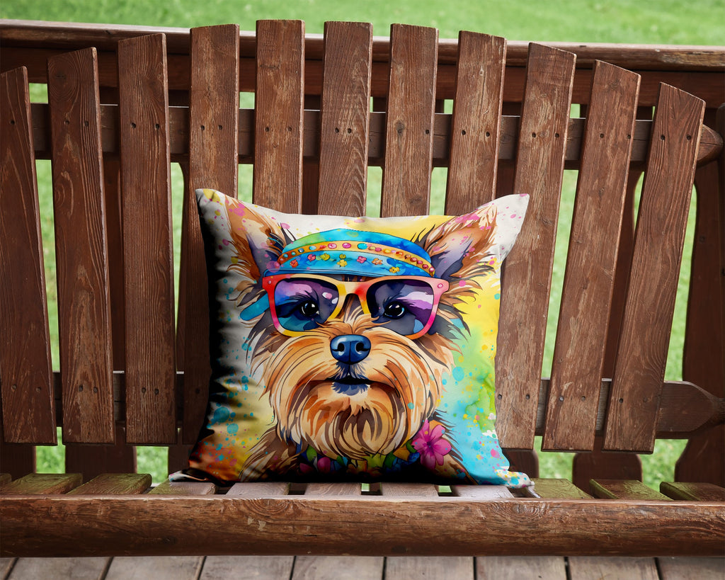 Yorkshire Terrier Hippie Dawg Decorative Throw Pillow 14x14 Indoor Outdoor Accent Cushion, Fabric Cover with Insert for Sofa, Bed, Porch & Living Room