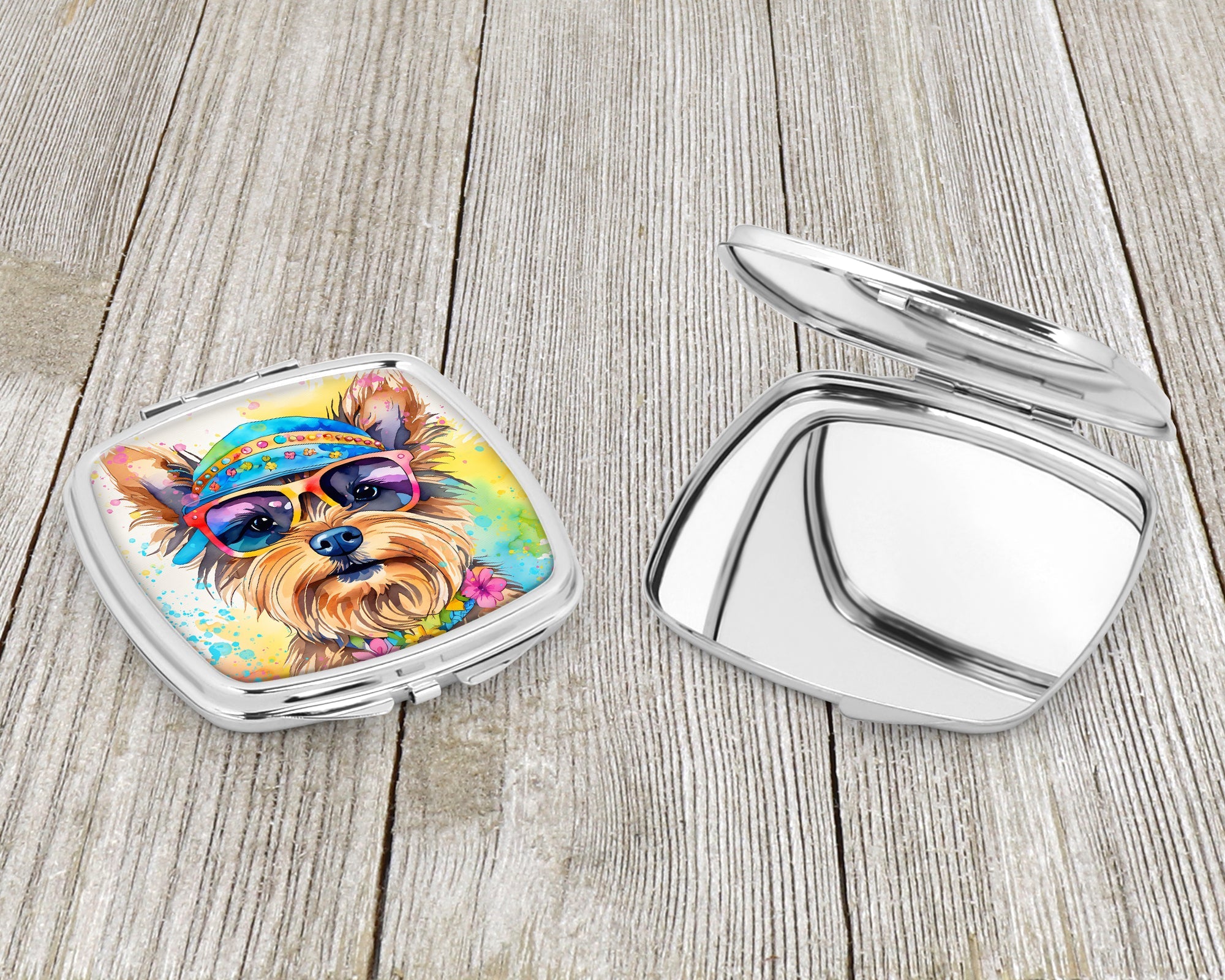 Yorkshire Terrier Hippie Dawg Compact Mirror Decorative Travel Makeup Mirror for Women Girls Gifts Pocket Makeup Mirror Folding Handheld